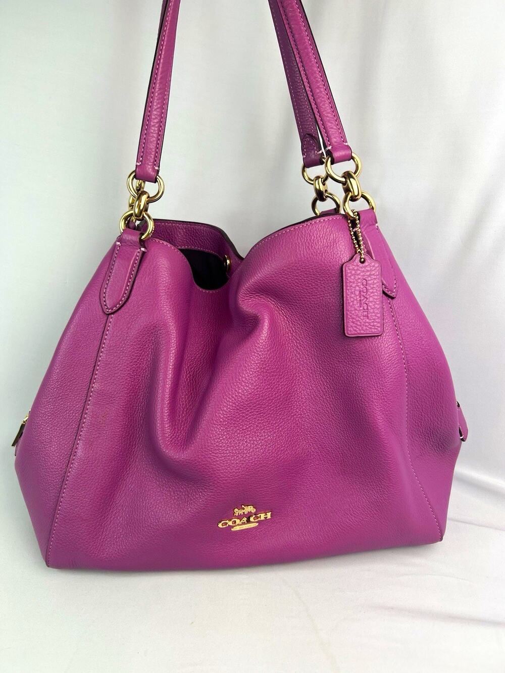 NWOT Coach Hallie Shoulder Bag Pebble Leather Boysenberry Purple Gold Tote 80268